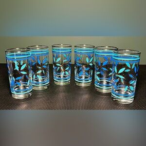 Vintage Set of 6 Blue/Teal Leaf Pattern Libby Tumblers/High Ball Glasses